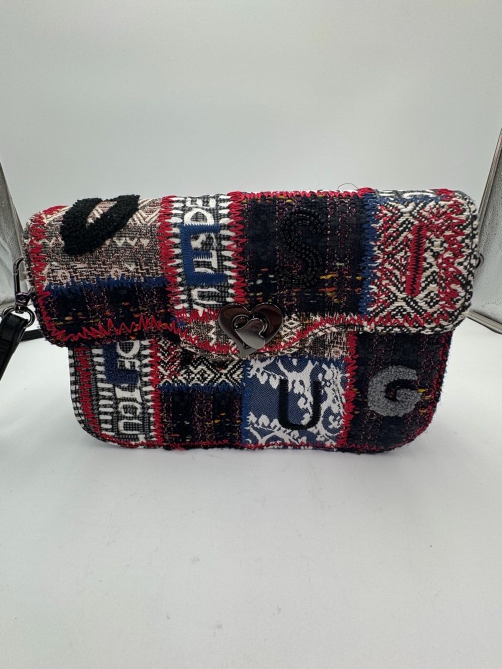 Desigual Patchwork Crossbody Bag Multicolor Boho Embroidered Heart Clasp